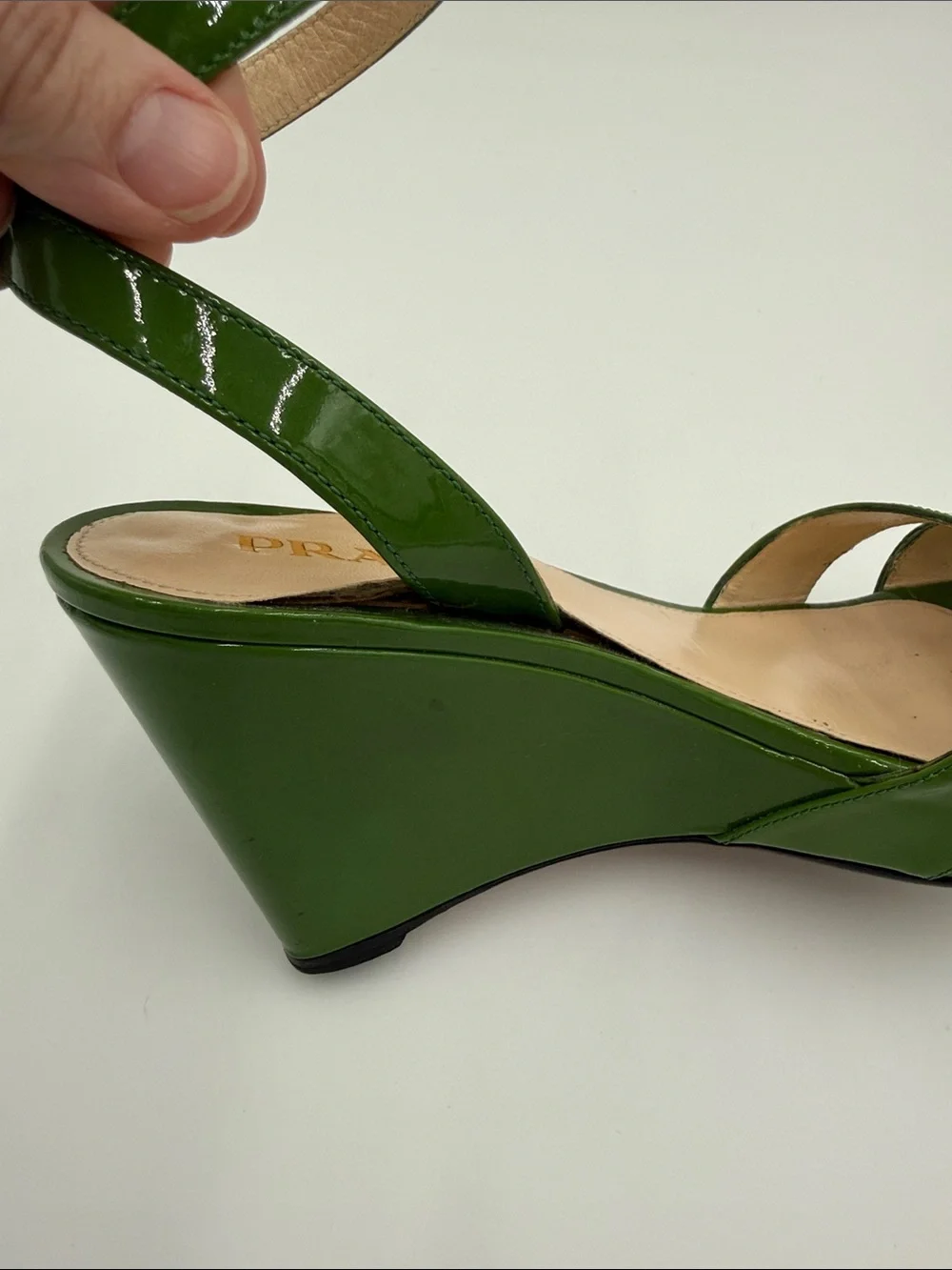 Prada Patent Green Wedge Sandals with Ankle Strap